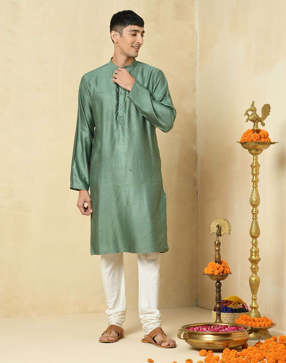 Green Viscose Blend Geometric Slim Fit Long Kurta
