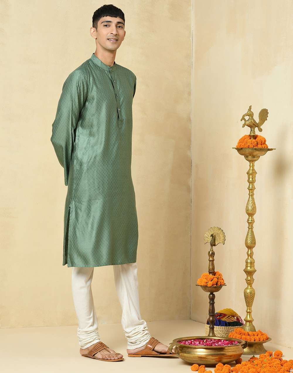 Green Viscose Blend Geometric Slim Fit Long Kurta