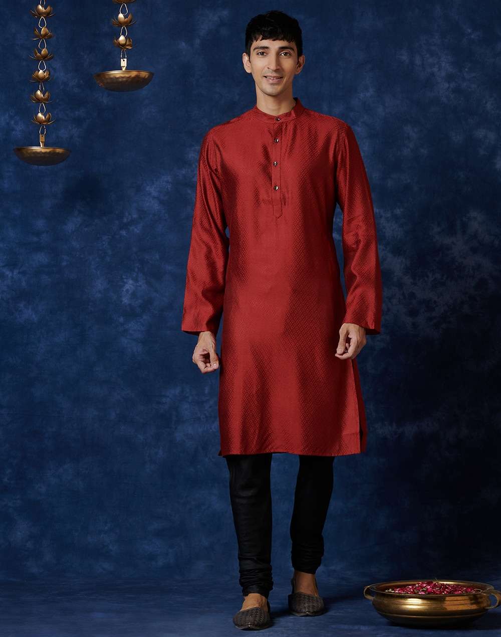 Red Viscose Blend Geometric Slim Fit Long Kurta