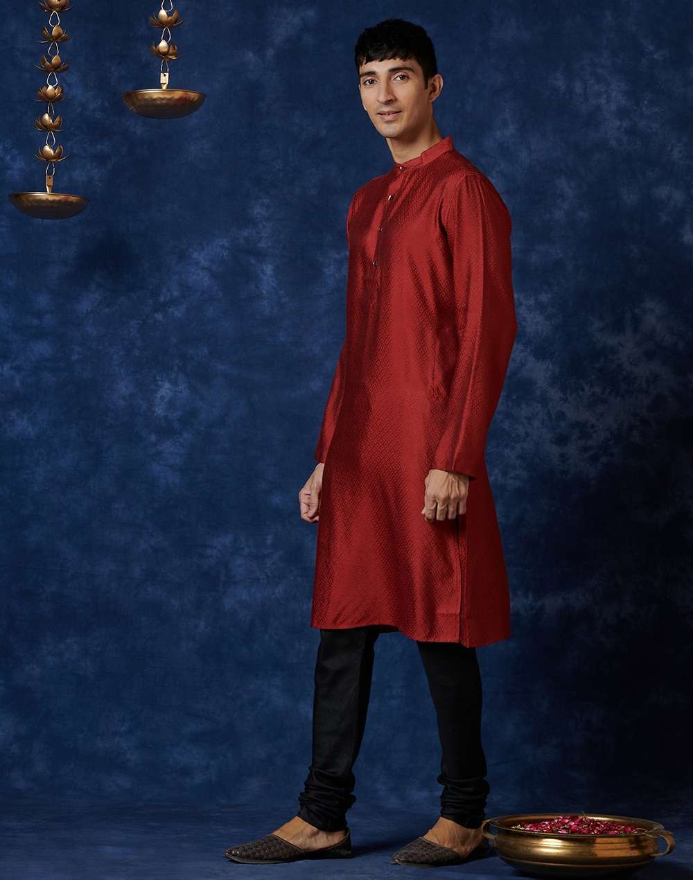 Red Viscose Blend Geometric Slim Fit Long Kurta