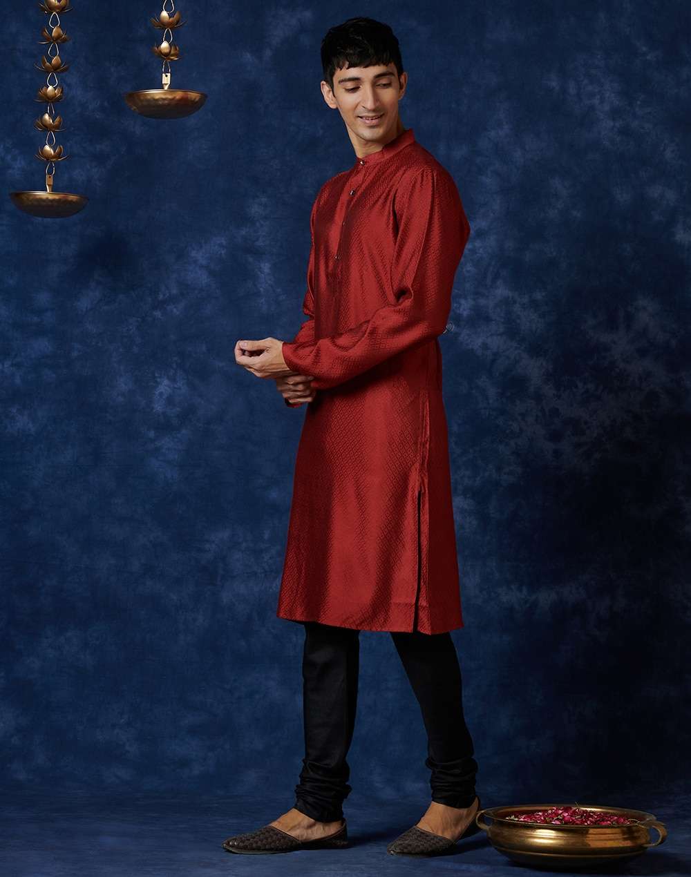 Red Viscose Blend Geometric Slim Fit Long Kurta