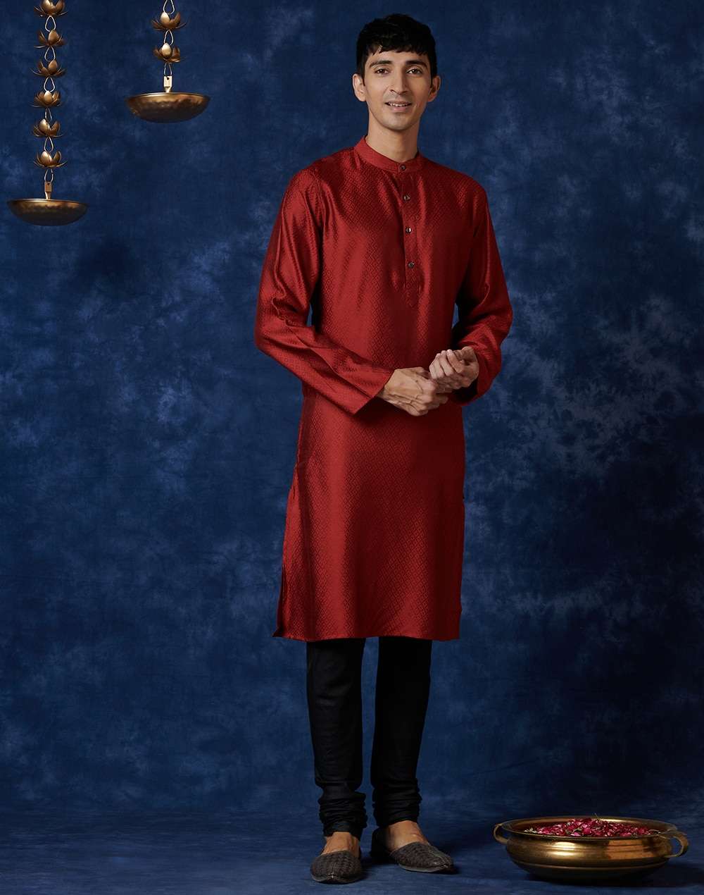 Red Viscose Blend Geometric Slim Fit Long Kurta