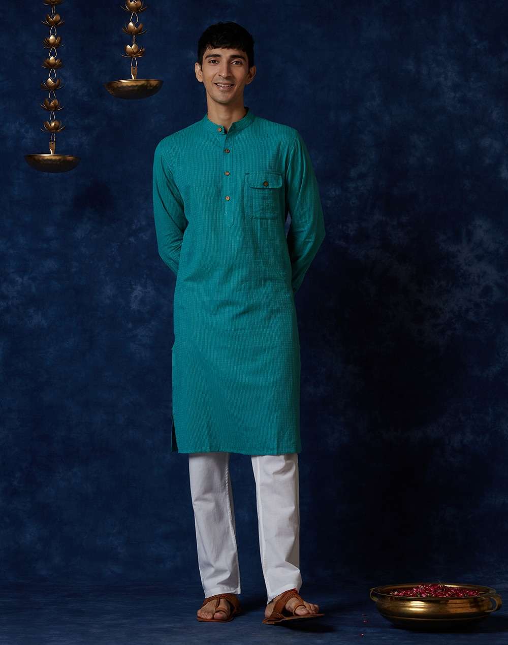 Teal Cotton Geometric Slim Fit Long Kurta