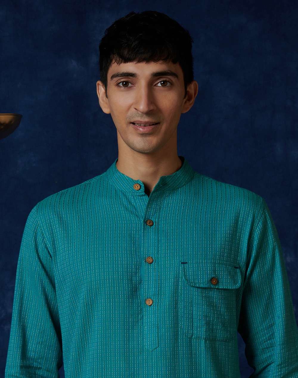 Teal Cotton Geometric Slim Fit Long Kurta