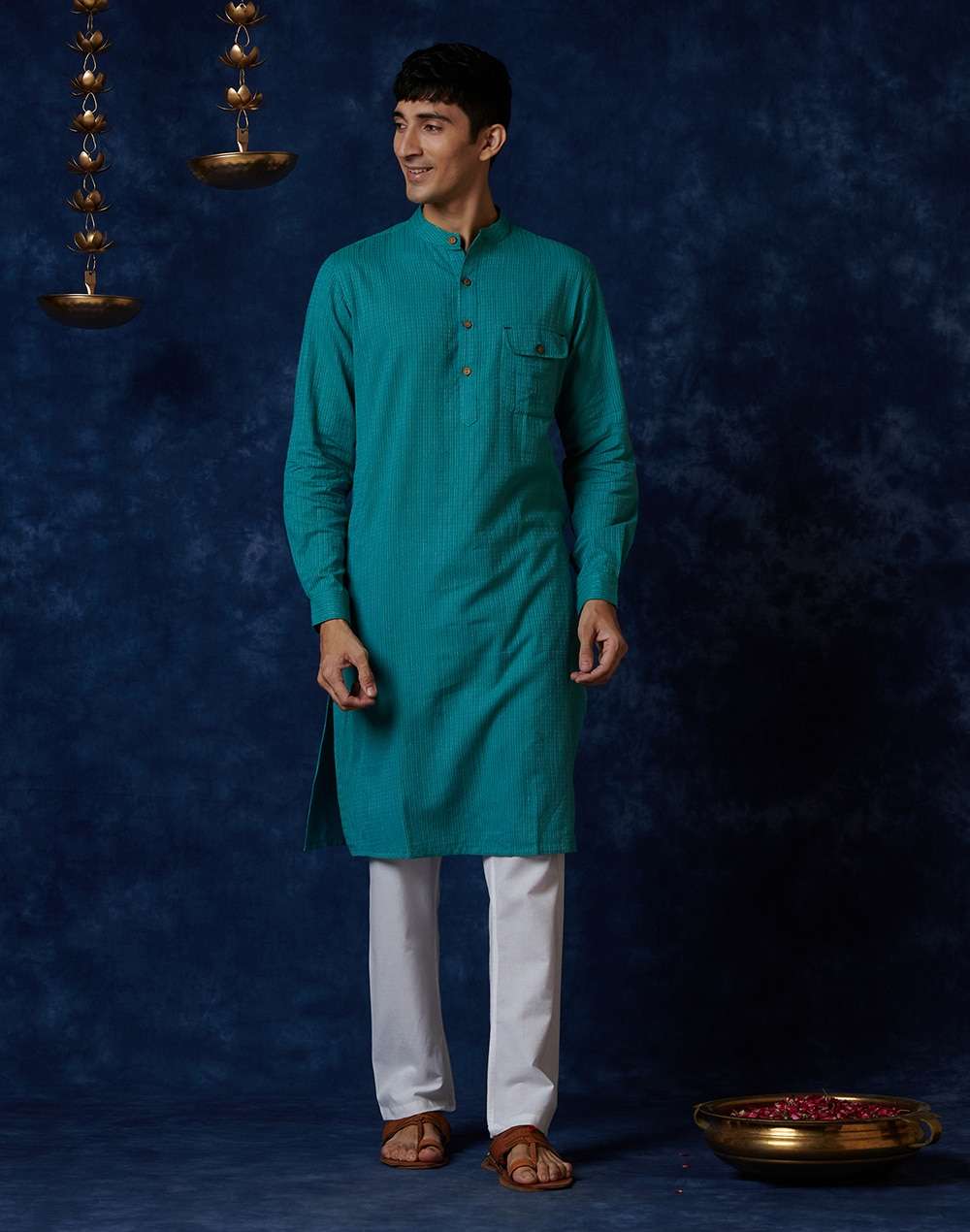 Teal Cotton Geometric Slim Fit Long Kurta
