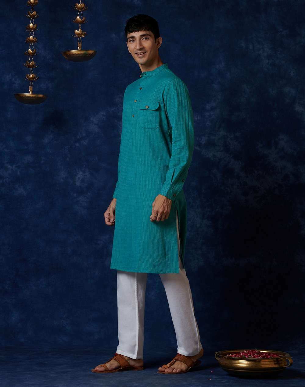 Teal Cotton Geometric Slim Fit Long Kurta