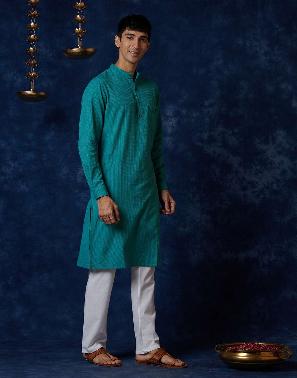 Teal Cotton Geometric Slim Fit Long Kurta
