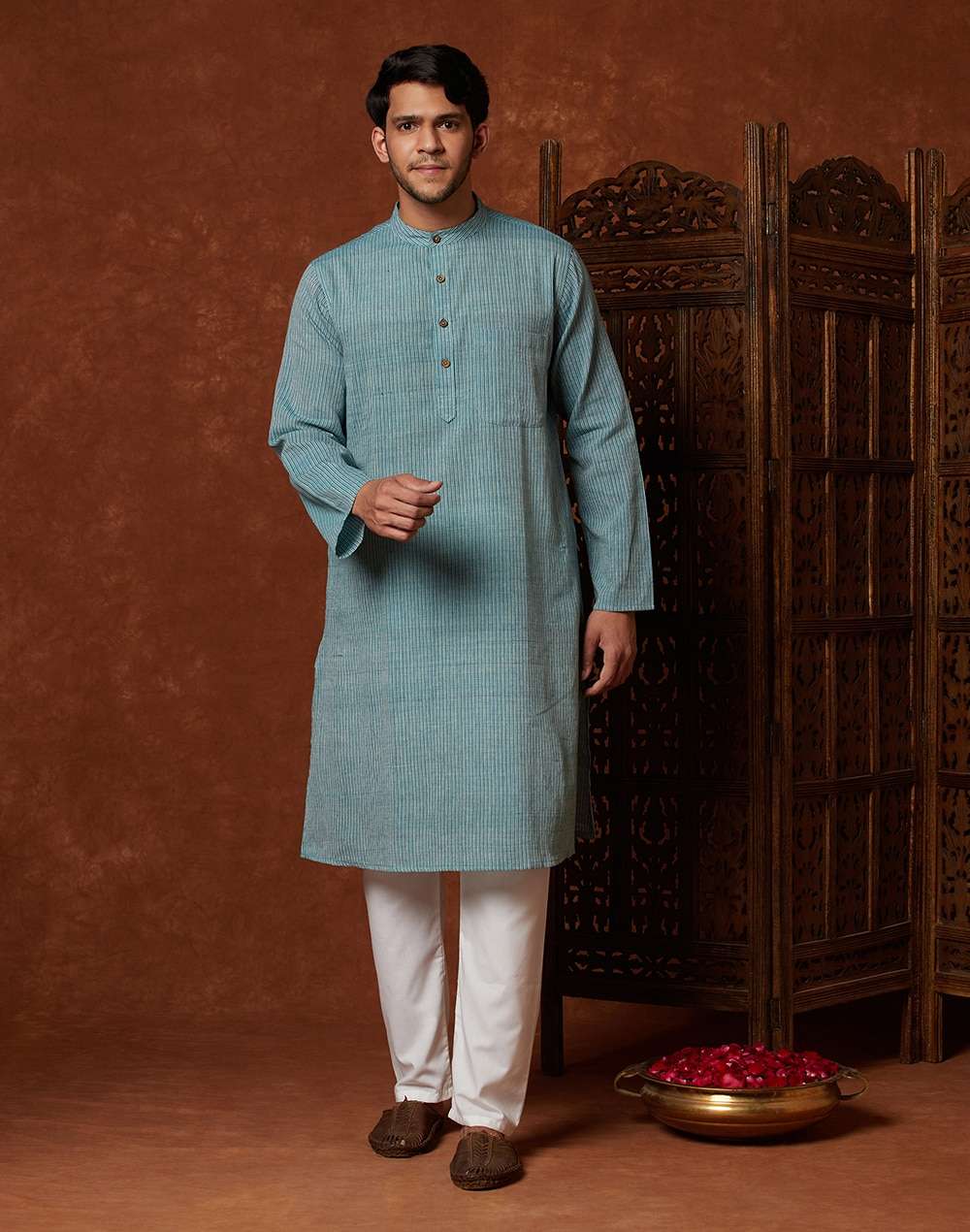 Blue Cotton Hand Woven Striped Long Kurta