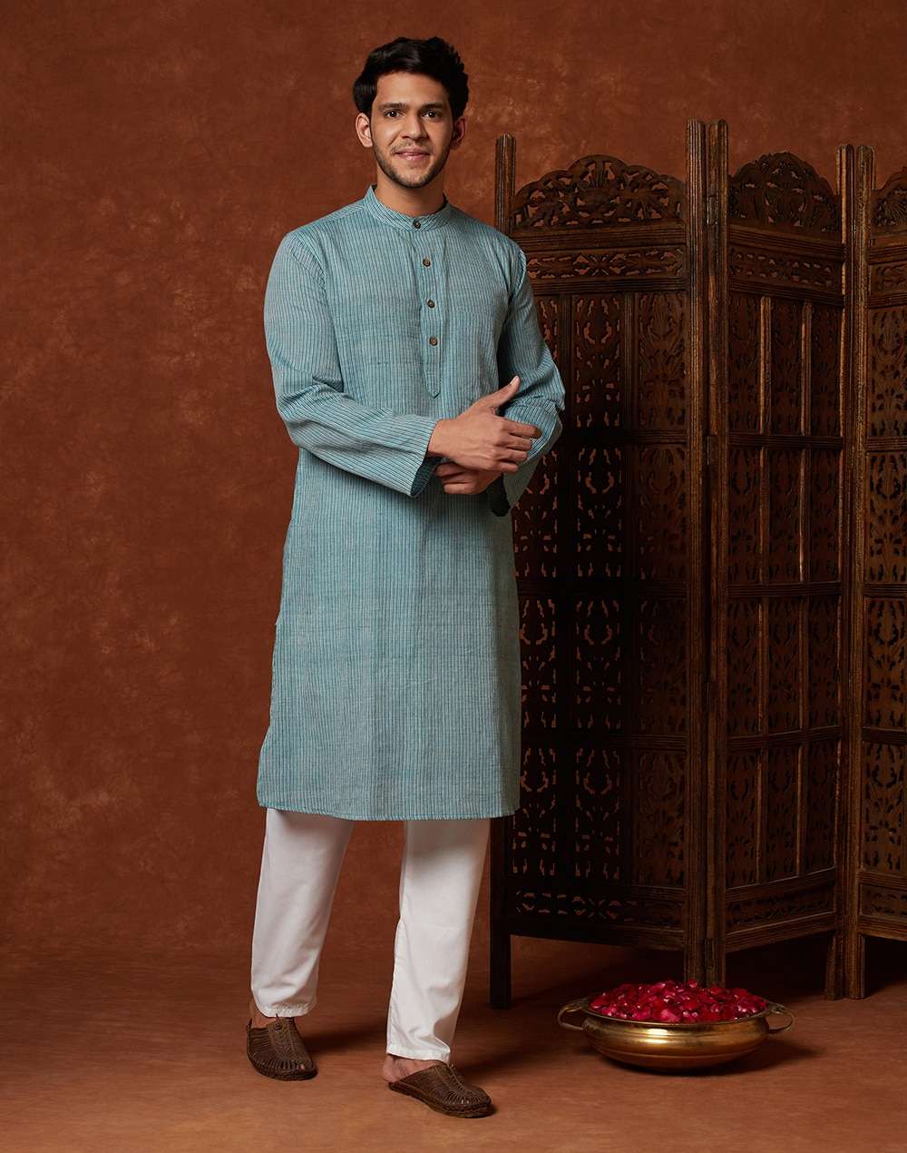 Blue Cotton Hand Woven Striped Long Kurta