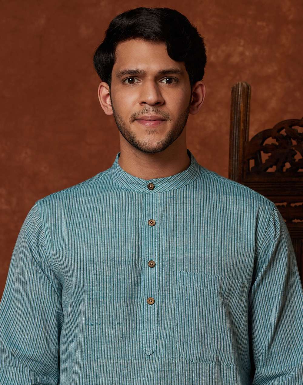 Blue Cotton Hand Woven Striped Long Kurta
