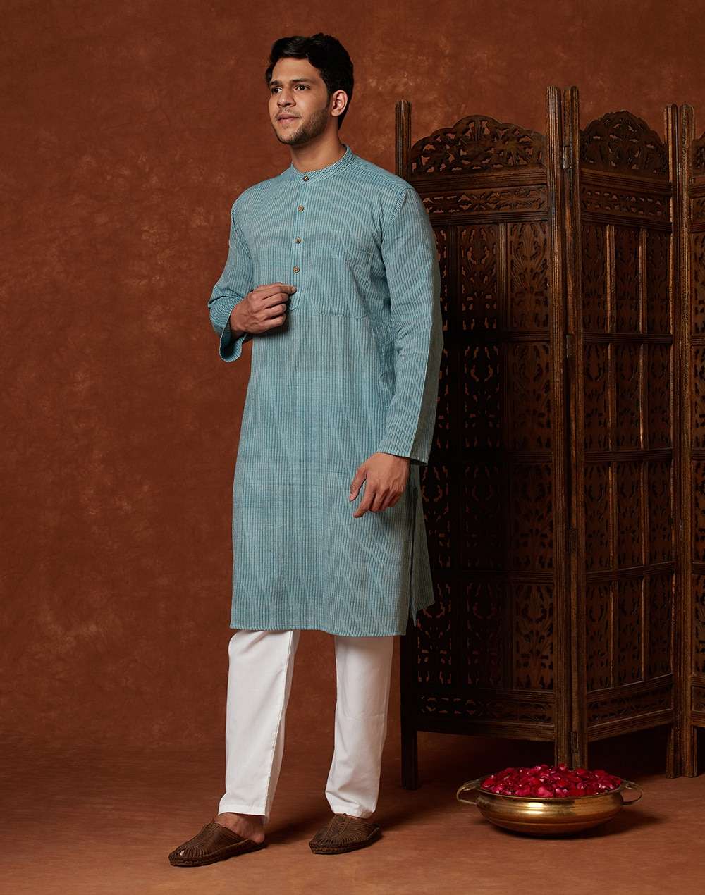 Blue Cotton Hand Woven Striped Long Kurta