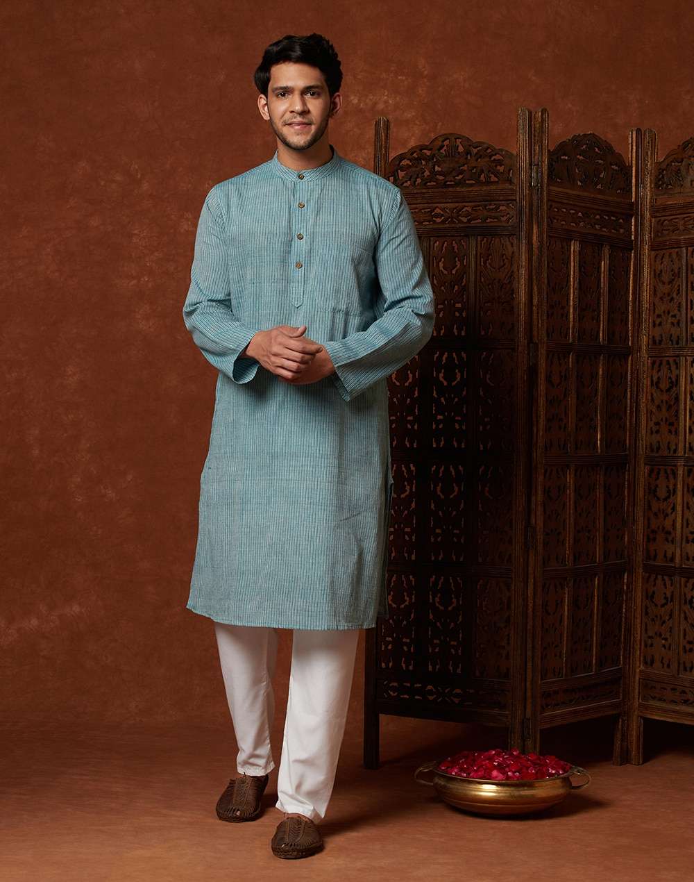 Blue Cotton Hand Woven Striped Long Kurta