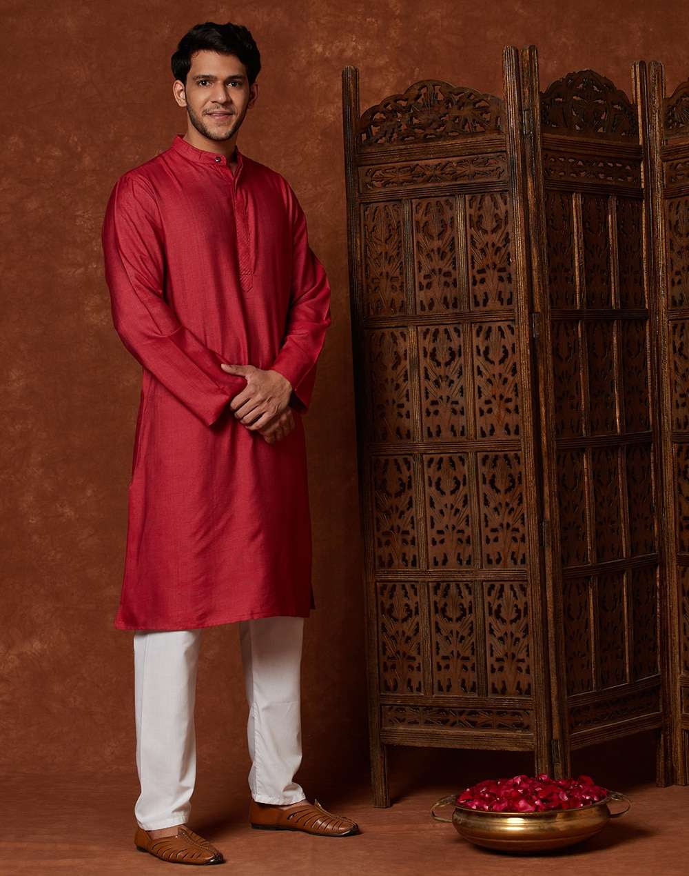 Red Viscose Blend Placket Detail Long Kurta