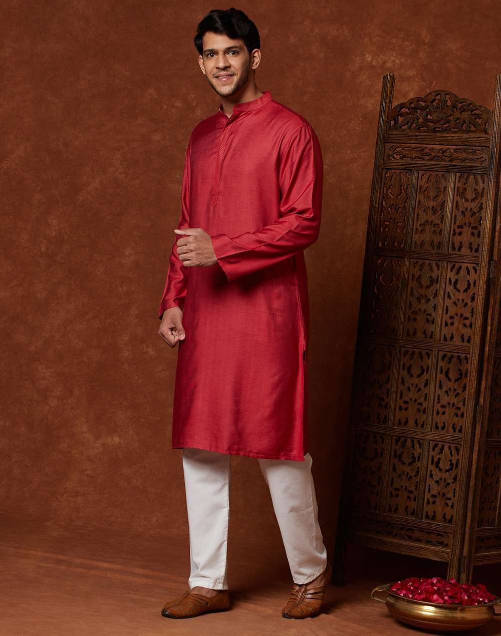 Red Viscose Blend Placket Detail Long Kurta