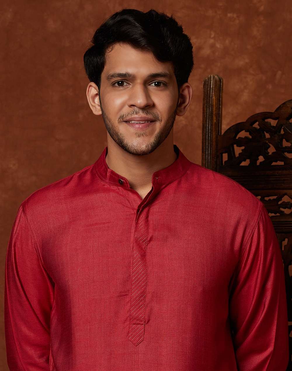 Red Viscose Blend Placket Detail Long Kurta