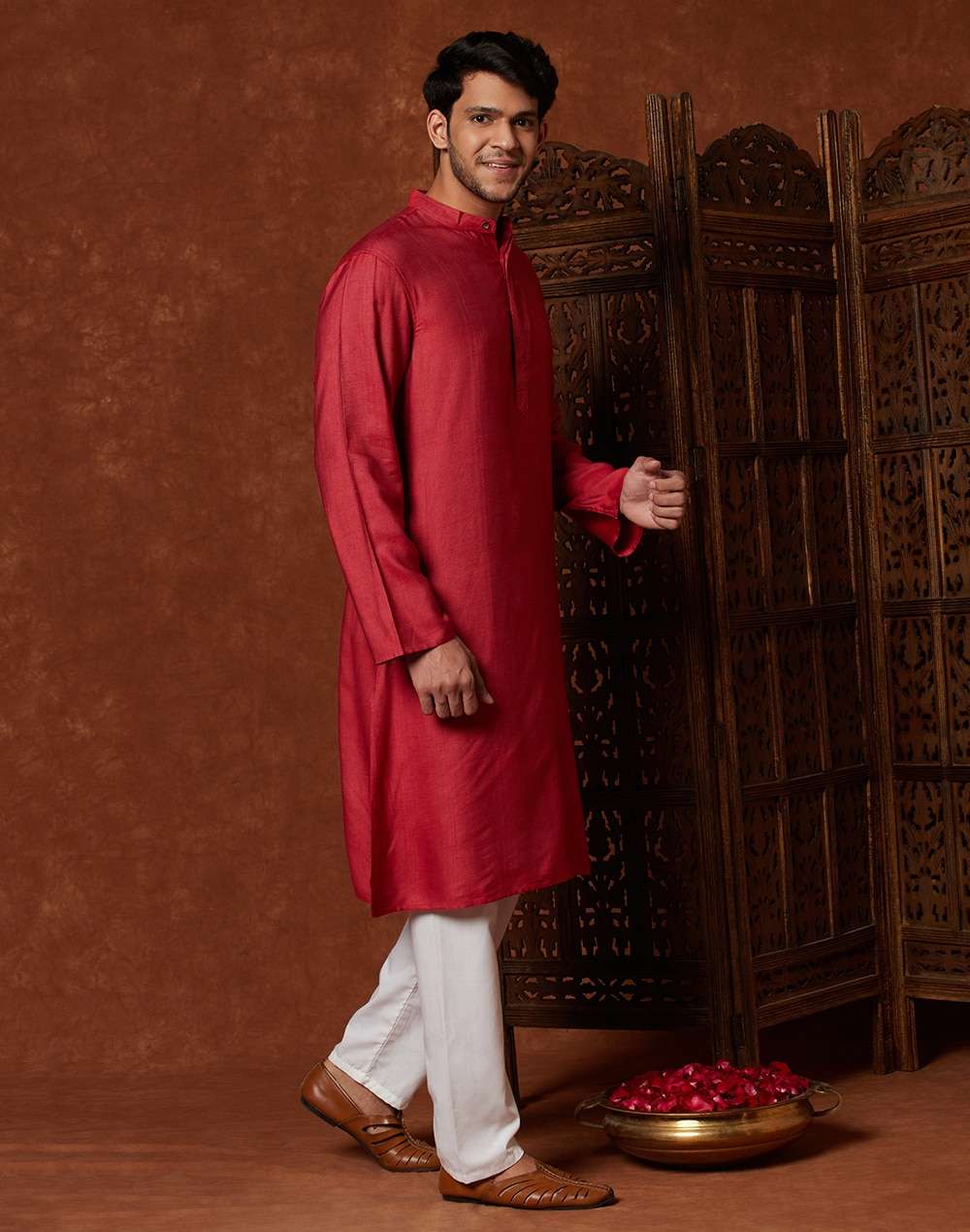 Red Viscose Blend Placket Detail Long Kurta
