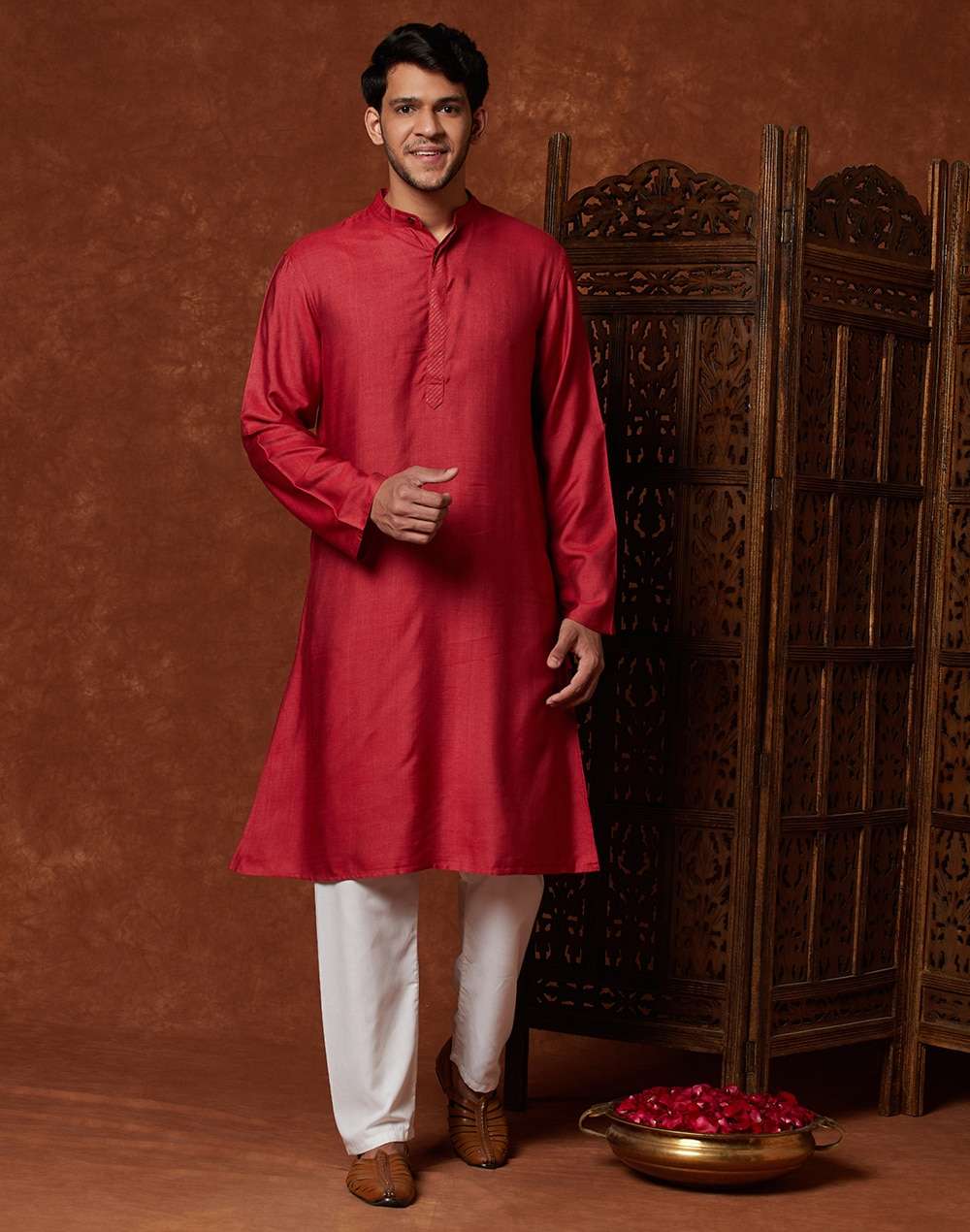Red Viscose Blend Placket Detail Long Kurta