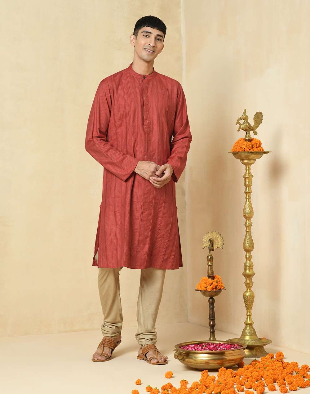 Red Viscose Blend Printed Slim Fit Long Kurta
