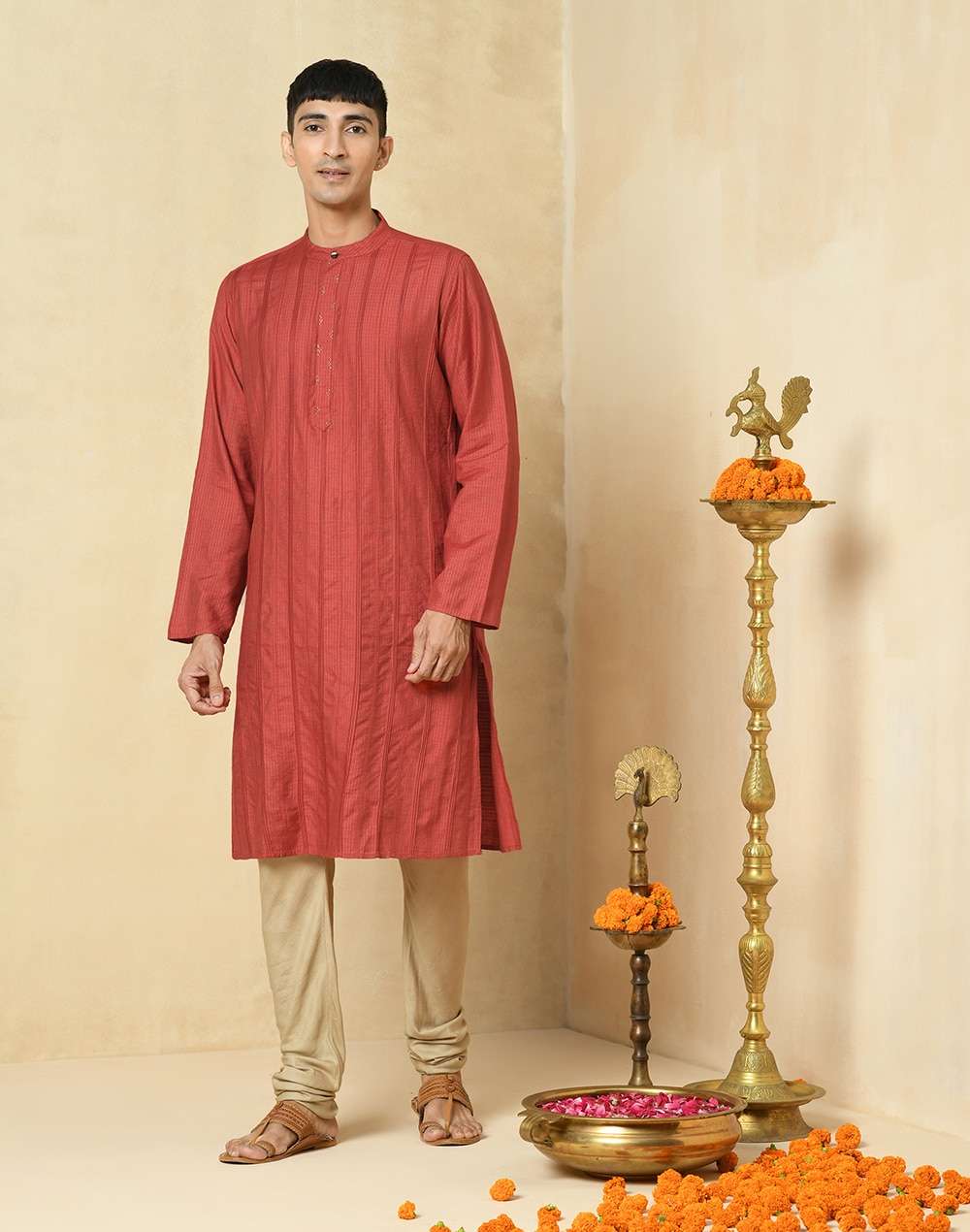 Red Viscose Blend Printed Slim Fit Long Kurta