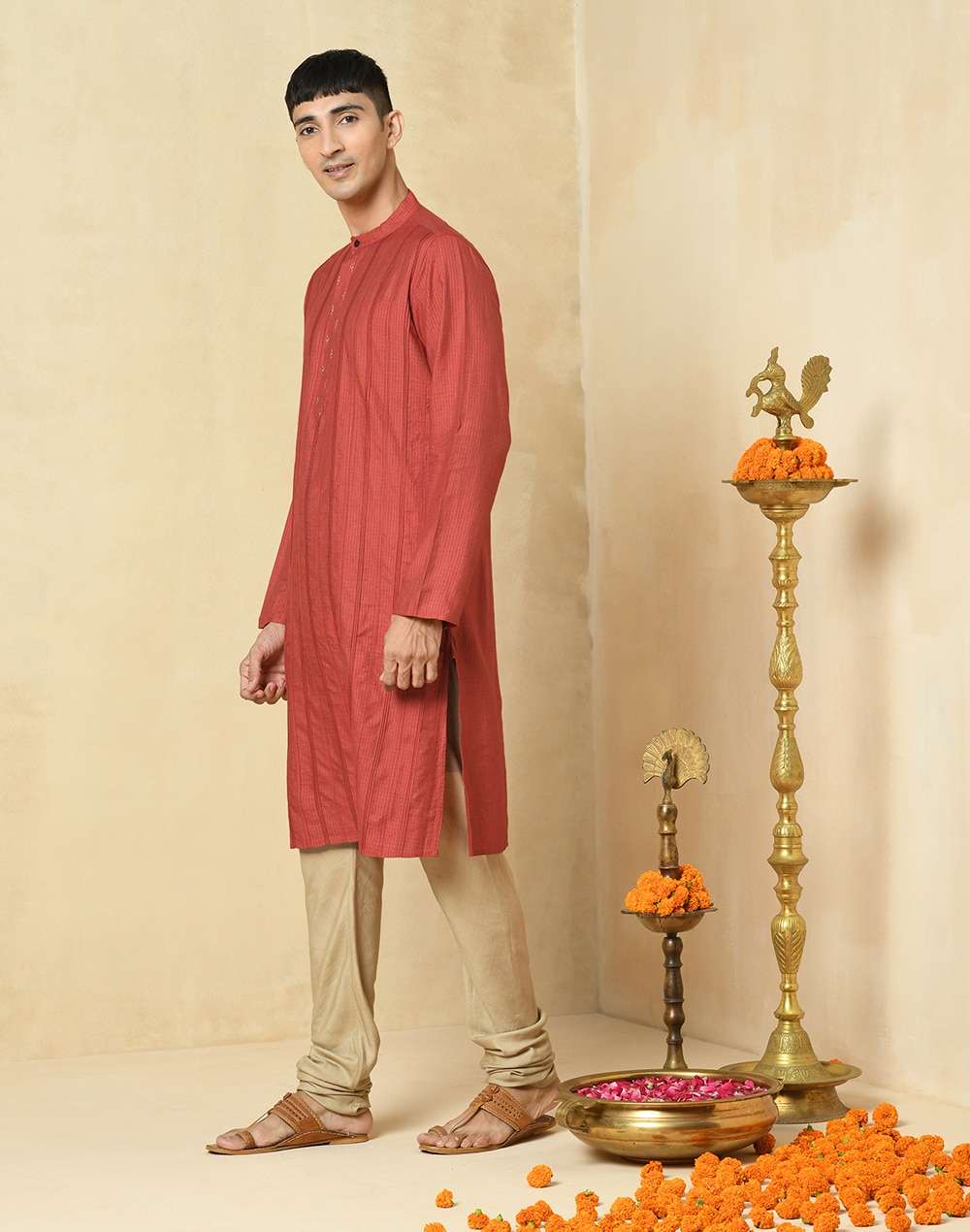 Red Viscose Blend Printed Slim Fit Long Kurta