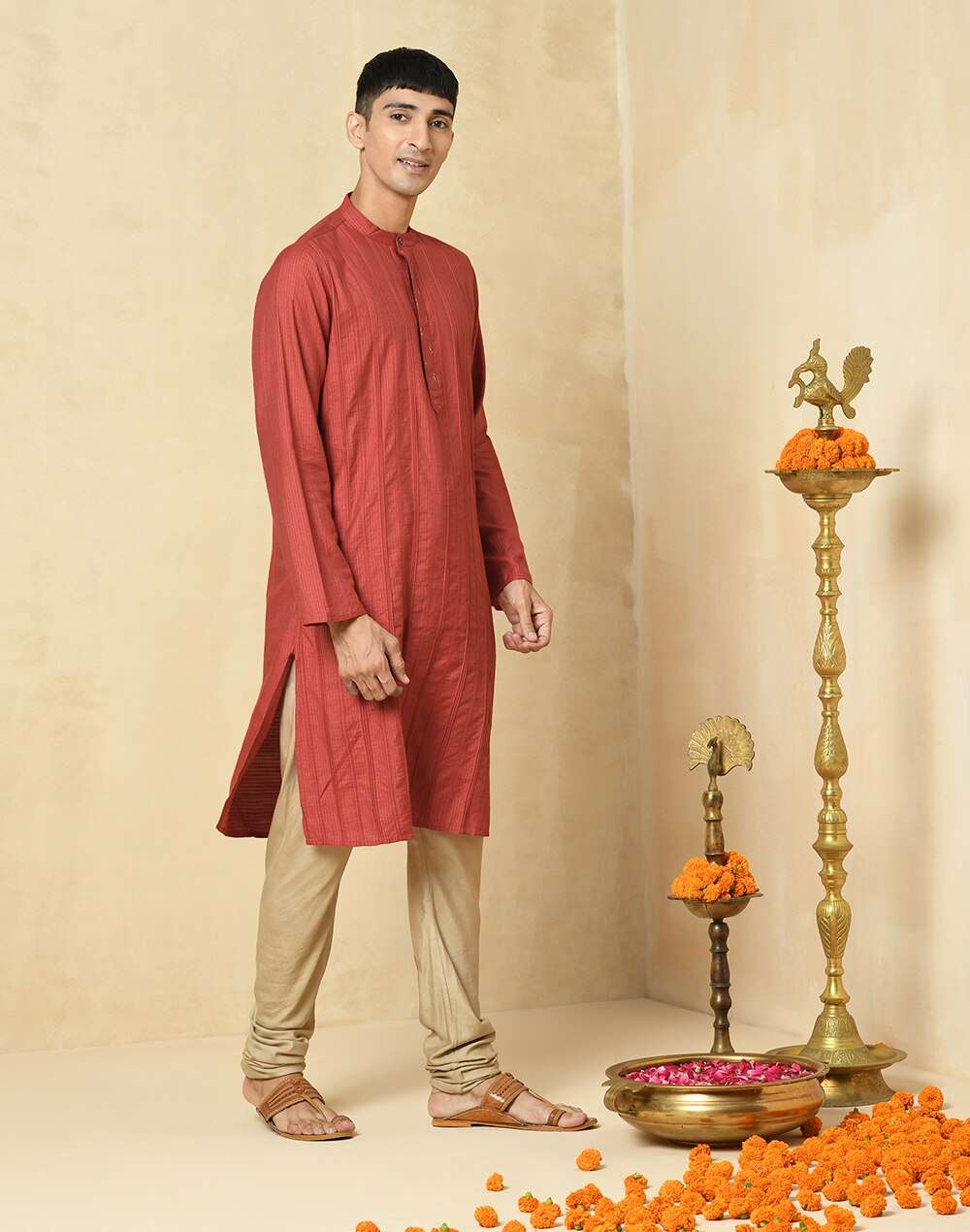Red Viscose Blend Printed Slim Fit Long Kurta