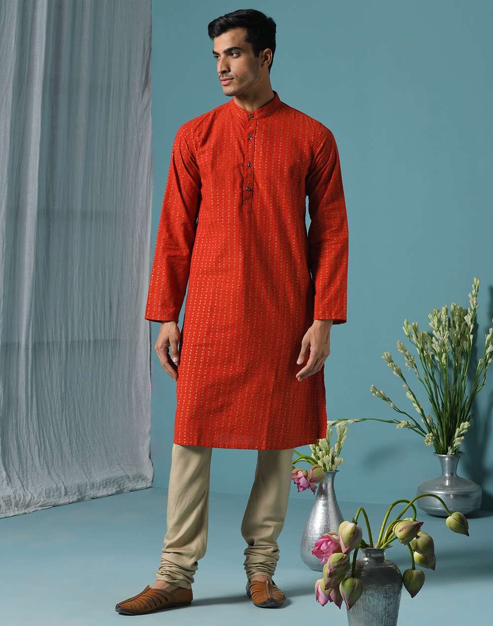Red Cotton Hand Block Printed Slim Fit Long Kurta