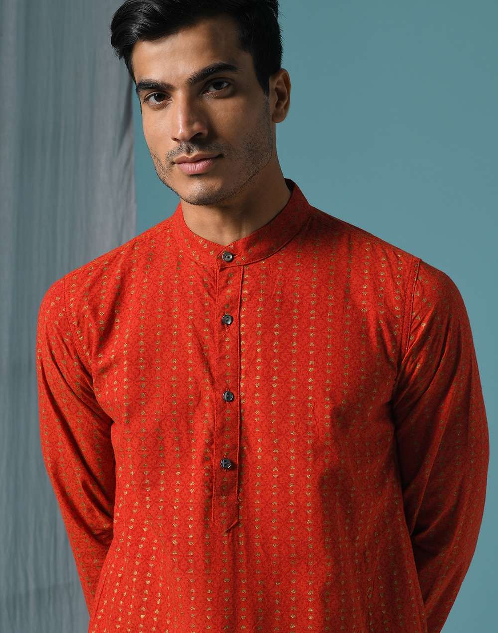 Red Cotton Hand Block Printed Slim Fit Long Kurta