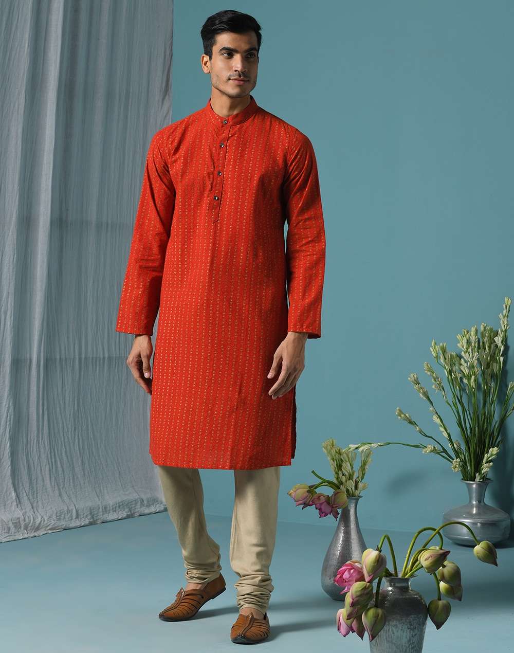 Red Cotton Hand Block Printed Slim Fit Long Kurta