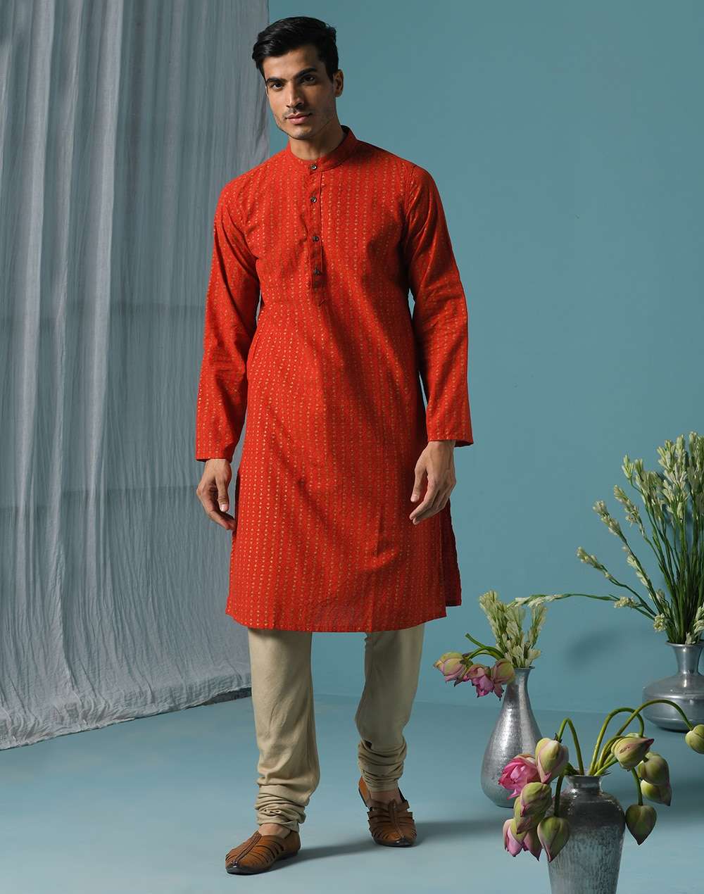 Red Cotton Hand Block Printed Slim Fit Long Kurta