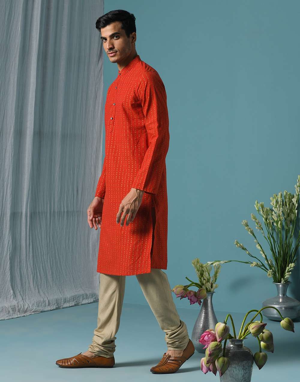 Red Cotton Hand Block Printed Slim Fit Long Kurta
