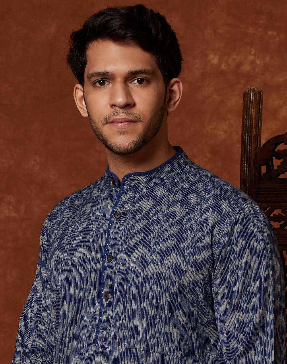 Navy Cotton Ikat Weave Slim Fit Kurta