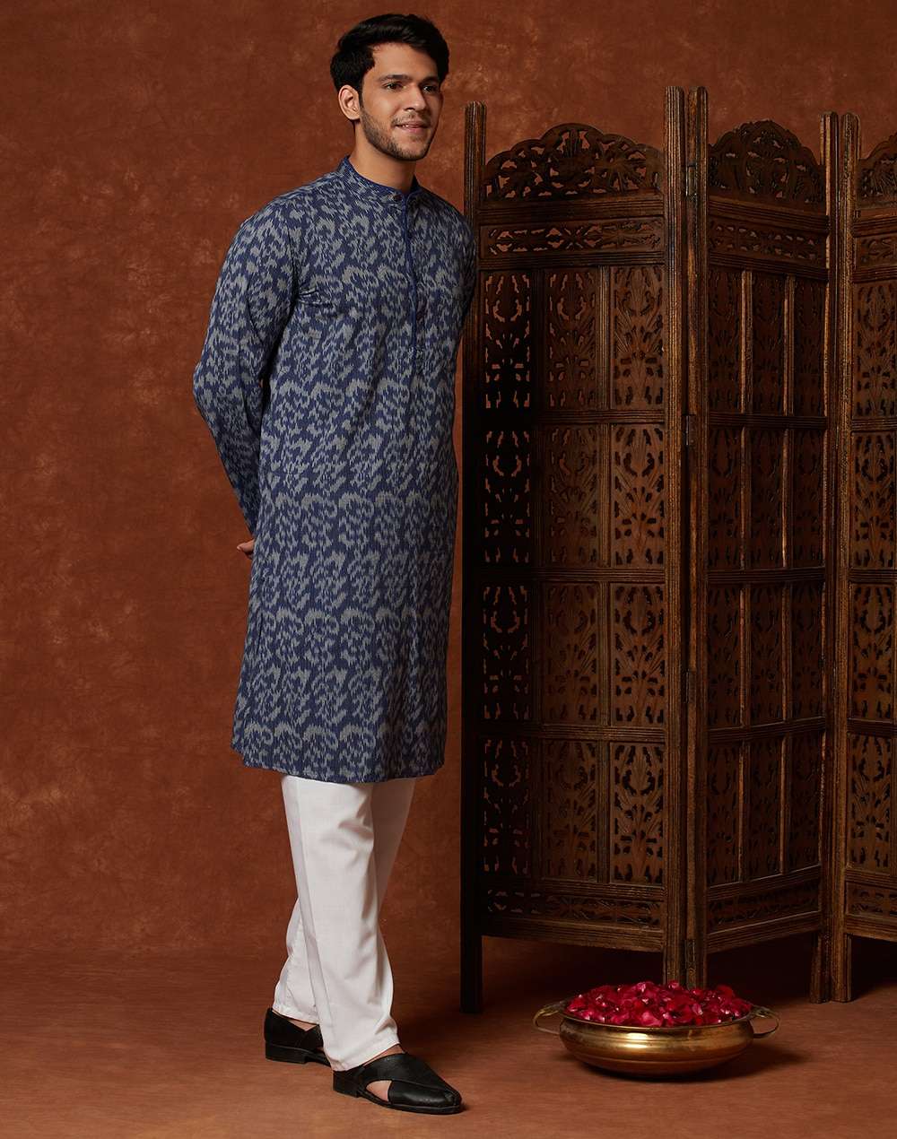 Navy Cotton Ikat Weave Slim Fit Kurta
