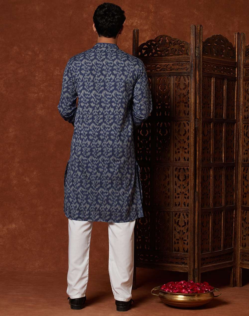 Navy Cotton Ikat Weave Slim Fit Kurta