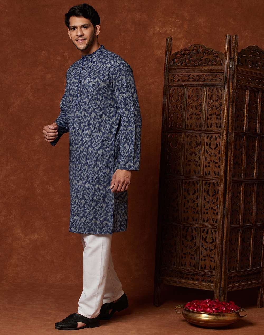 Navy Cotton Ikat Weave Slim Fit Kurta