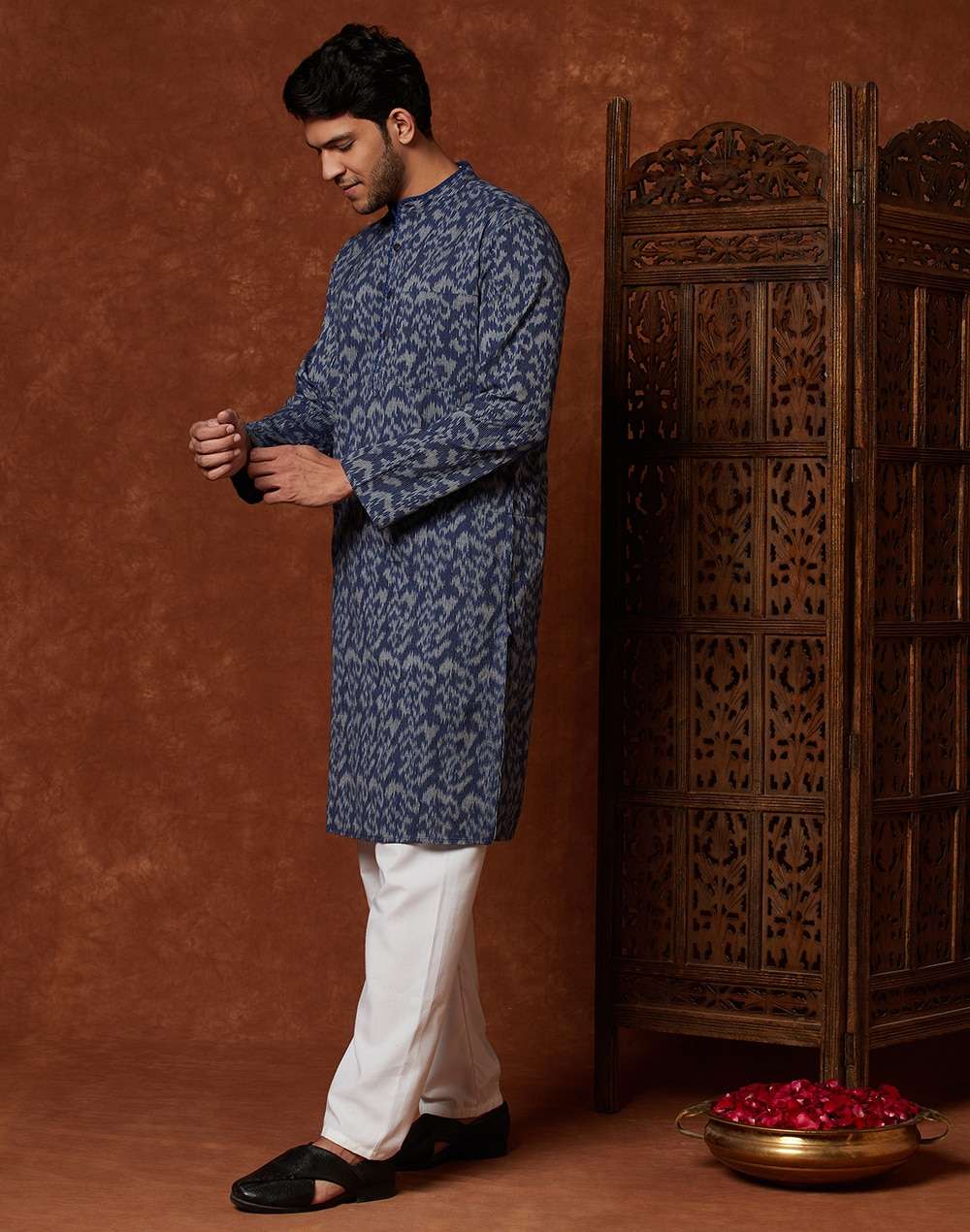Navy Cotton Ikat Weave Slim Fit Kurta