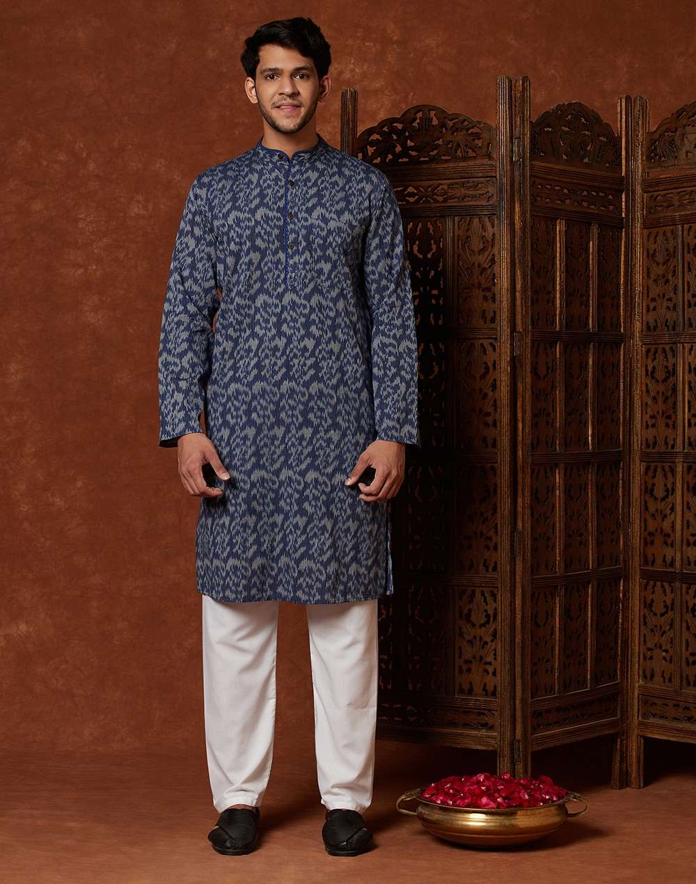 Navy Cotton Ikat Weave Slim Fit Kurta