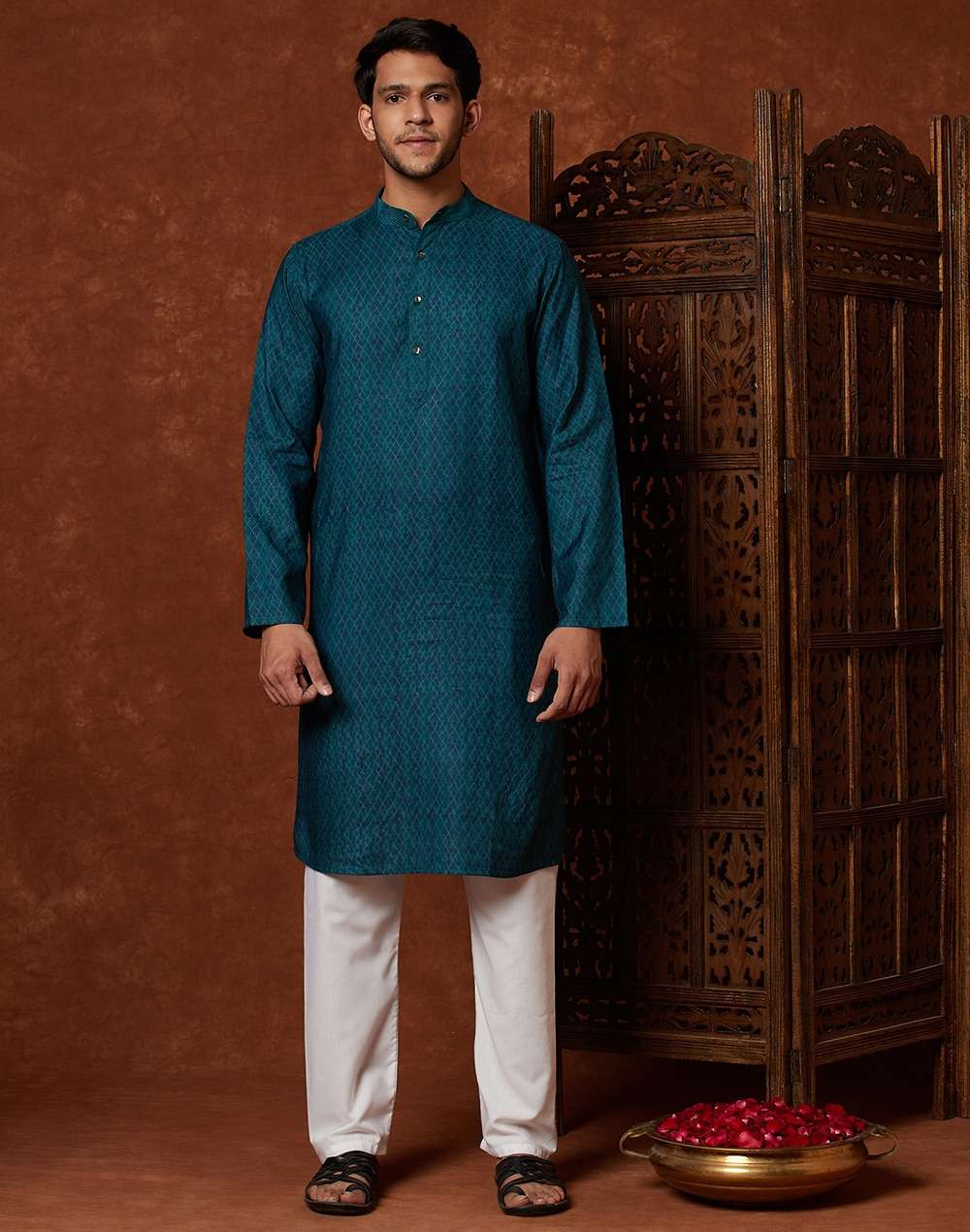 Blue Viscose Silk Hand Block Print Slim Fit Long Kurta