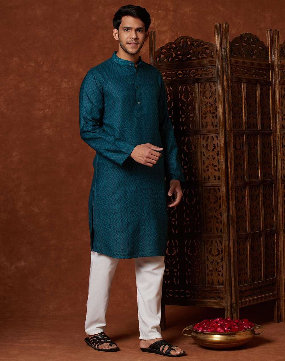 Blue Viscose Silk Hand Block Print Slim Fit Long Kurta