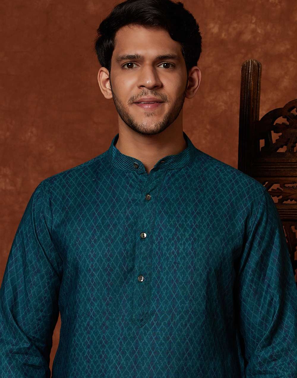 Blue Viscose Silk Hand Block Print Slim Fit Long Kurta