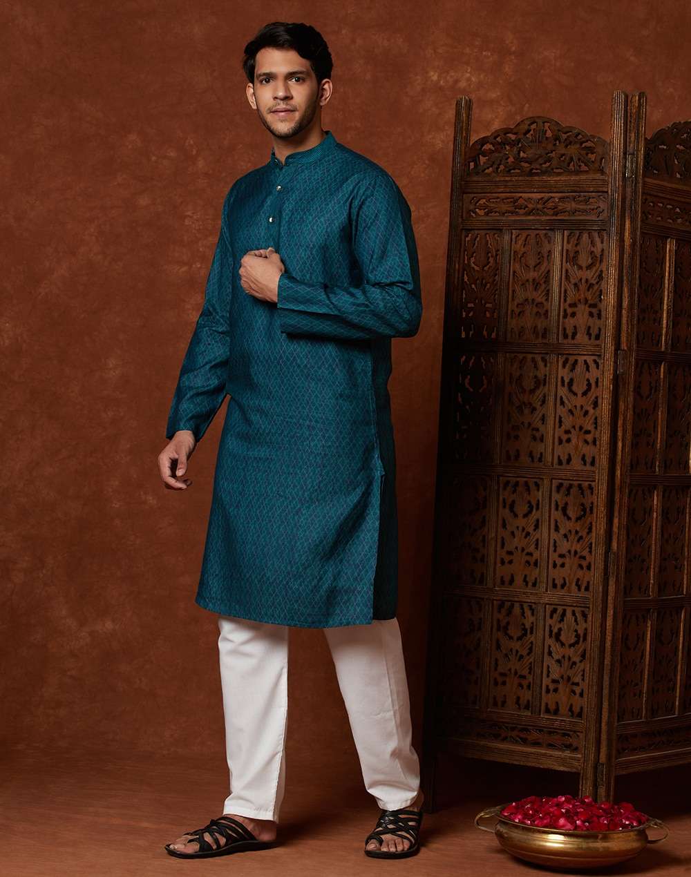 Blue Viscose Silk Hand Block Print Slim Fit Long Kurta