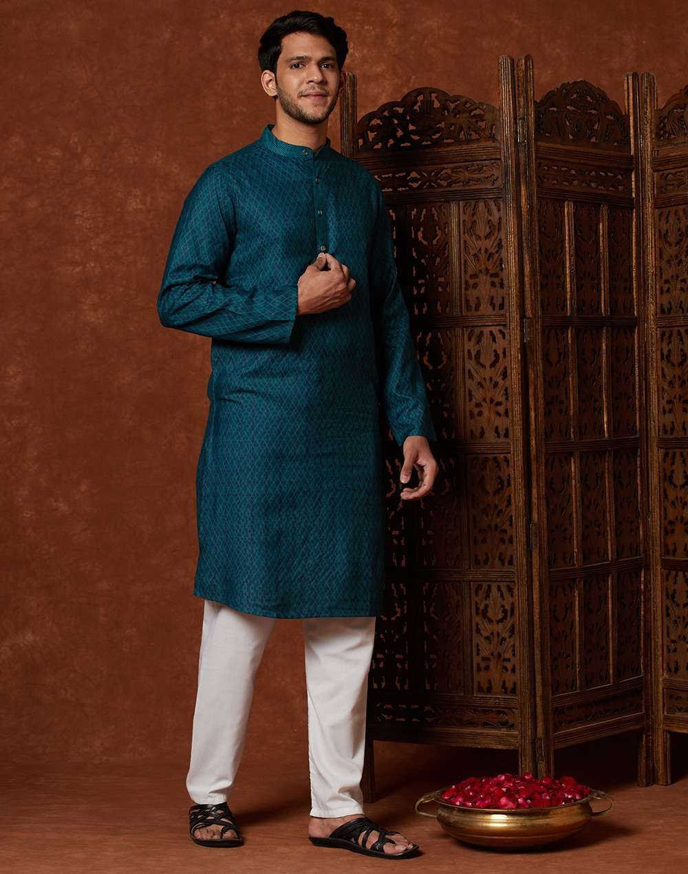 Blue Viscose Silk Hand Block Print Slim Fit Long Kurta