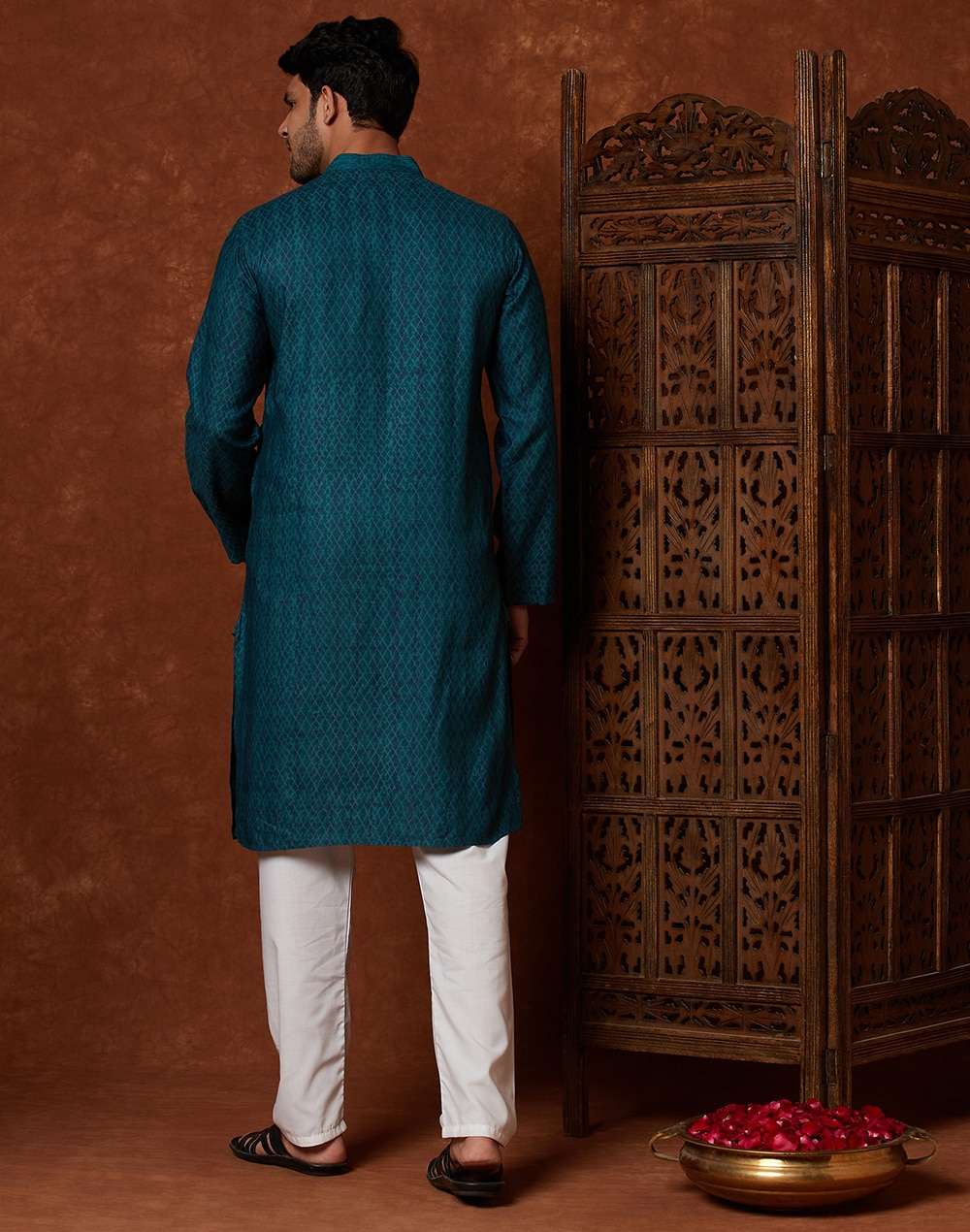 Blue Viscose Silk Hand Block Print Slim Fit Long Kurta