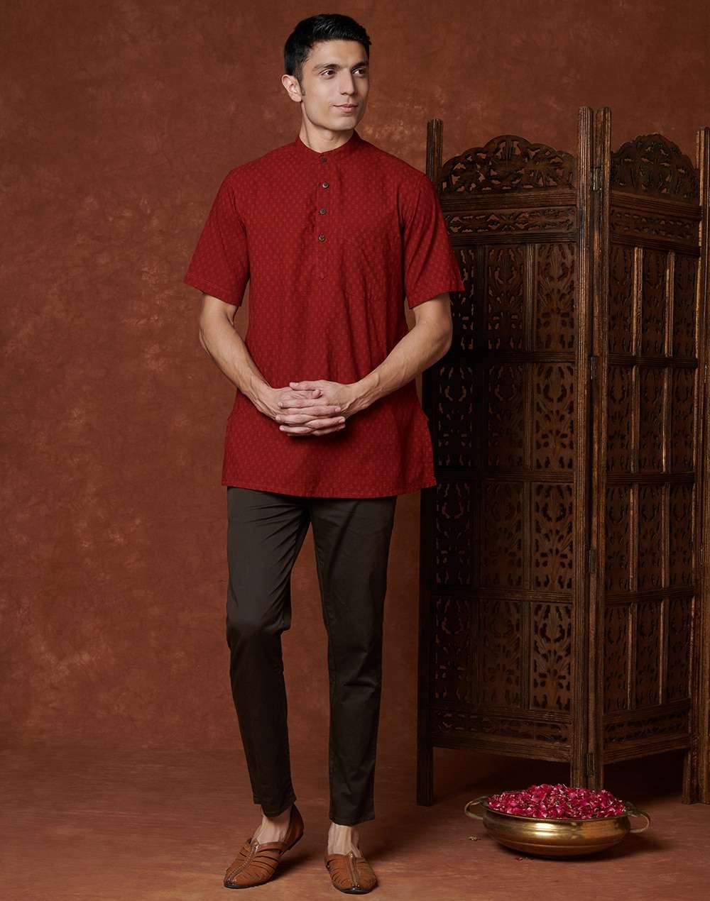 Red Cotton Cambric Printed Short Kurta