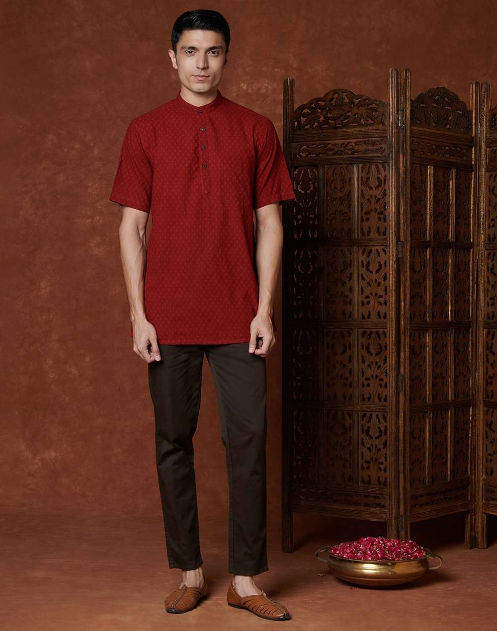 Red Cotton Cambric Printed Short Kurta