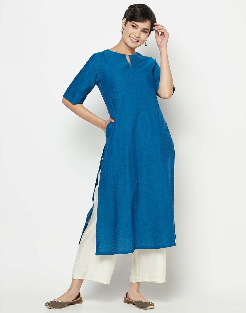 Cotton Pintuck Slim Fit Long Kurta