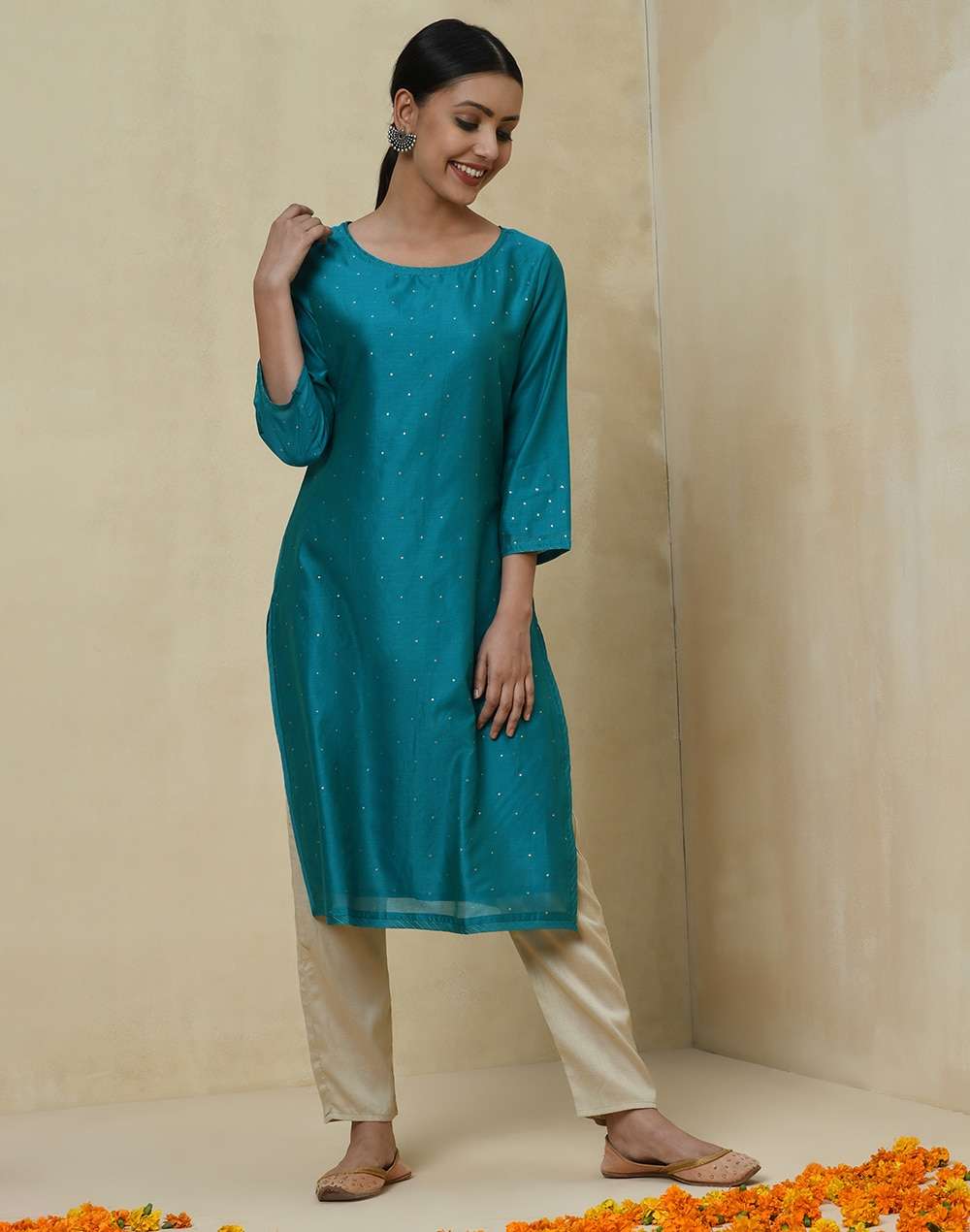 Cotton Silk Printed Slim Fit Knee Length Kurta