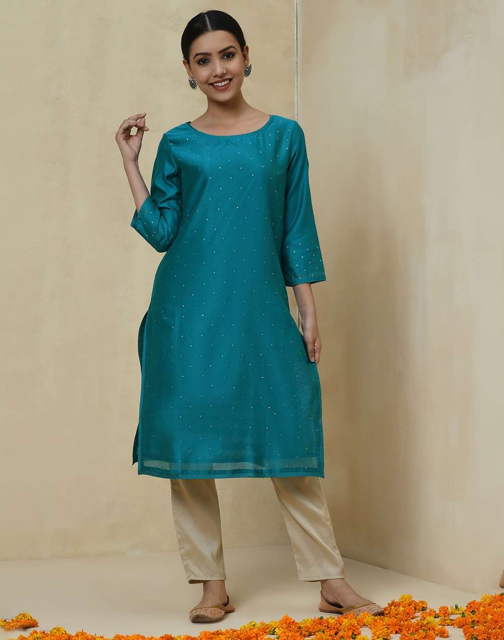 Cotton Silk Printed Slim Fit Knee Length Kurta