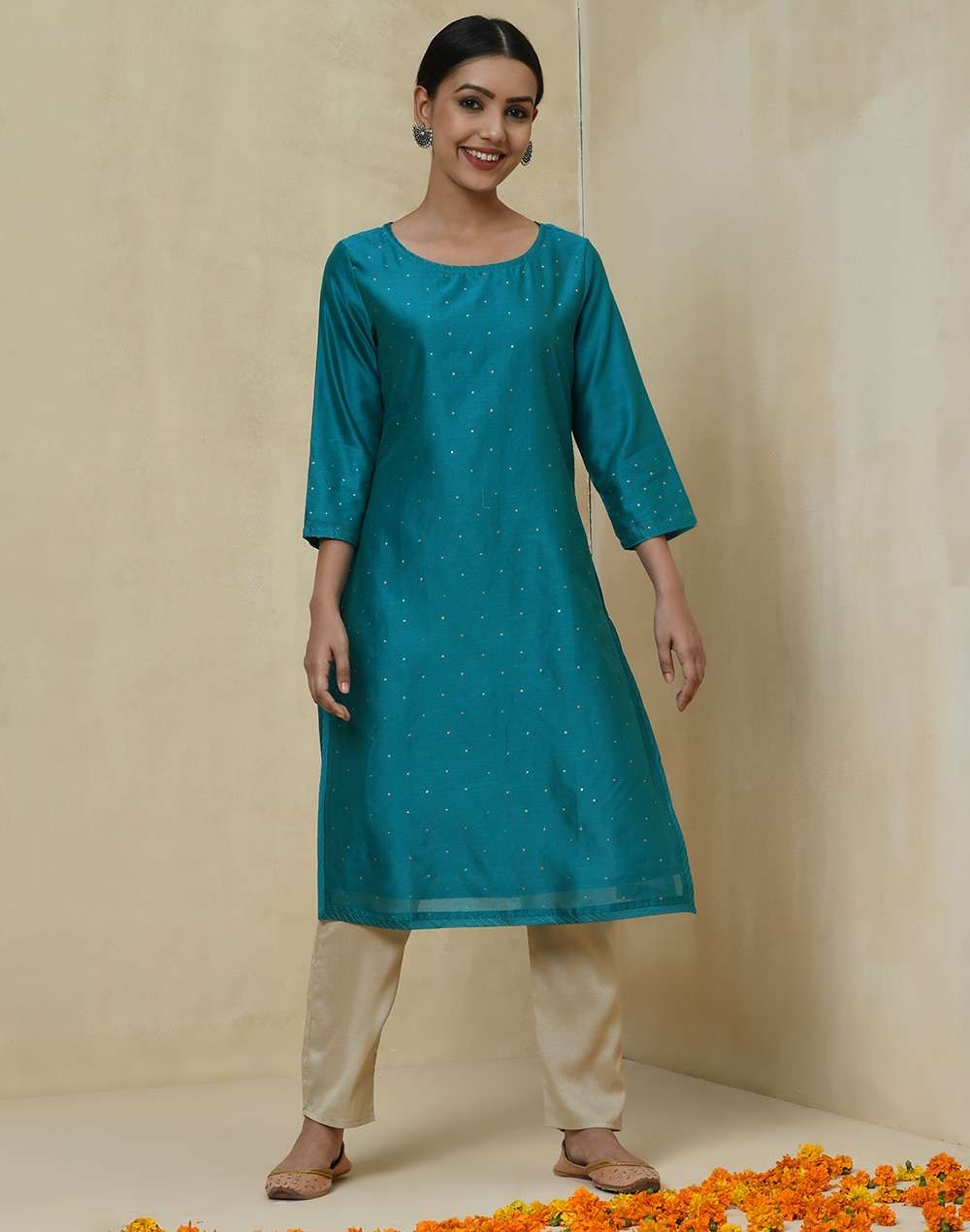 Cotton Silk Printed Slim Fit Knee Length Kurta