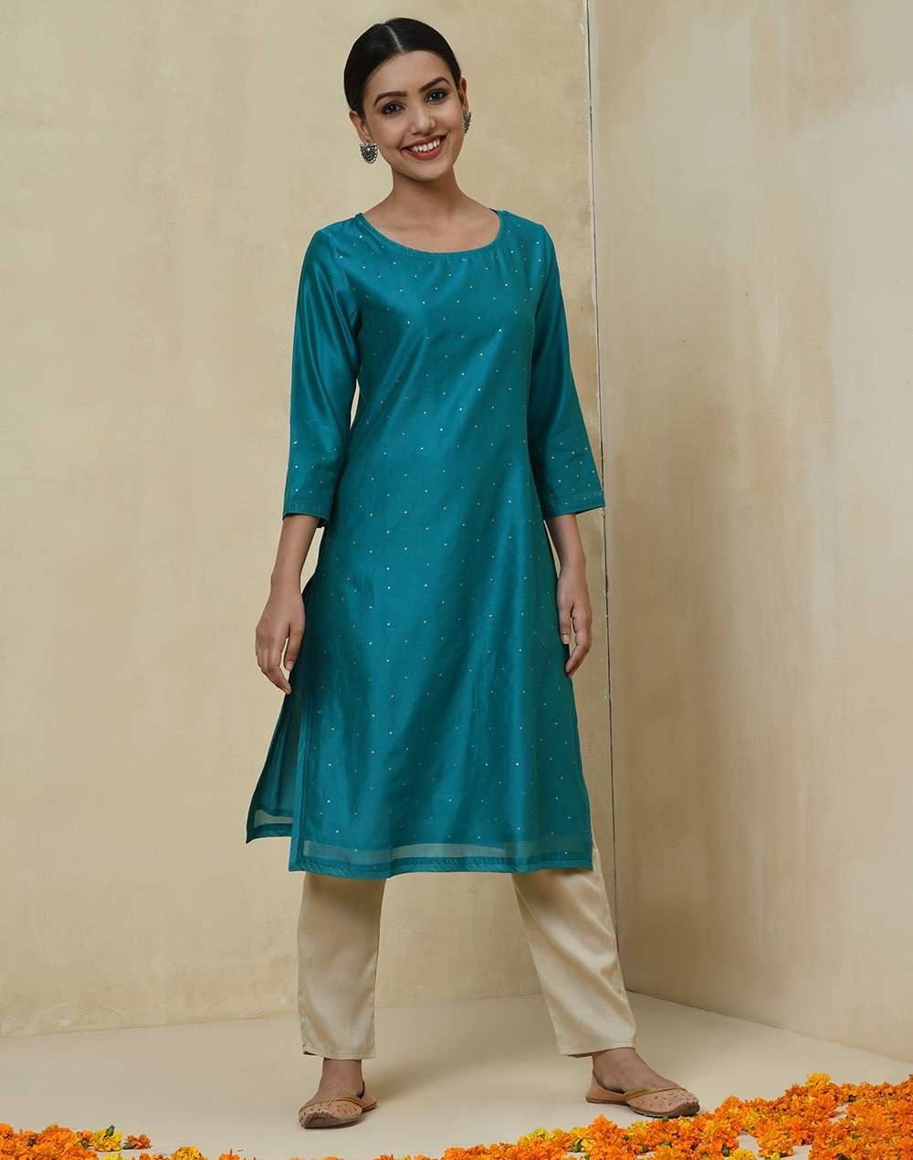 Cotton Silk Printed Slim Fit Knee Length Kurta
