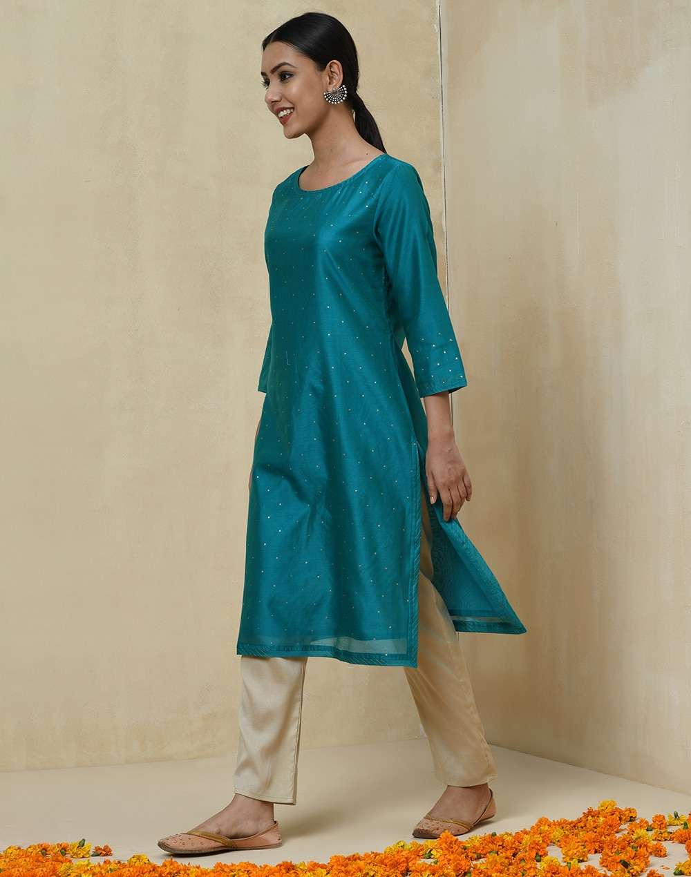 Cotton Silk Printed Slim Fit Knee Length Kurta